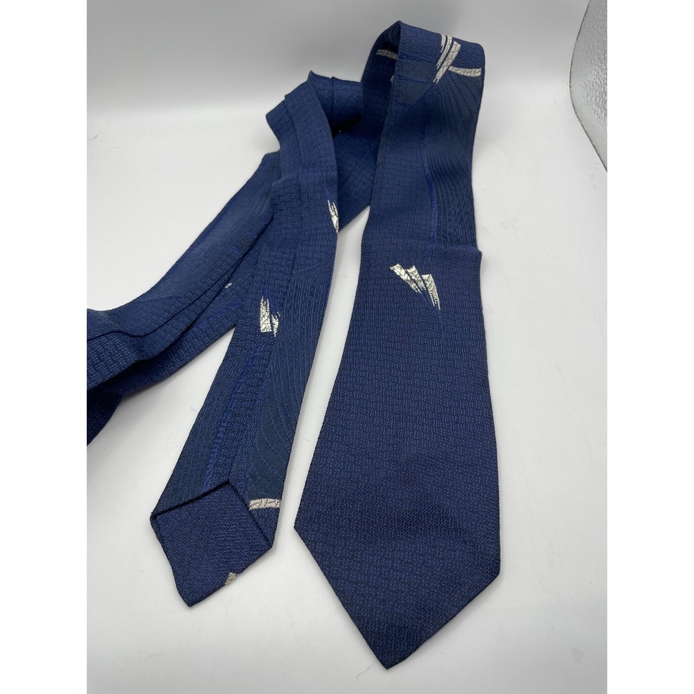 Navy Blue Textured Necktie Metallic Silver Geometric Abstract Woven Classic Tie